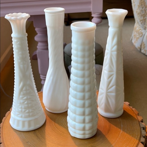 Set of Four Vintage White Milk glass Bud Vases